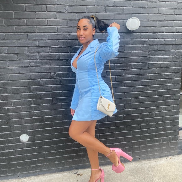 PETITE BLUE RUCHED DETAIL FITTED BLAZER DRESS - Picture 4 of 4